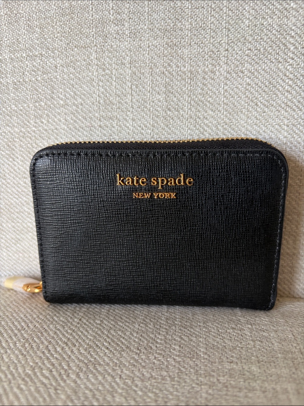 Kate Spade Black Saffiano Leather Morgan Zip Around Wallet with Gold Logo